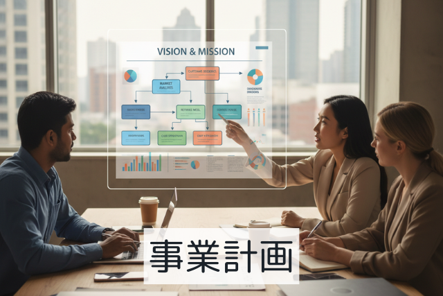 事業計画書の作成に取り組むビジネスパーソンのイメージ