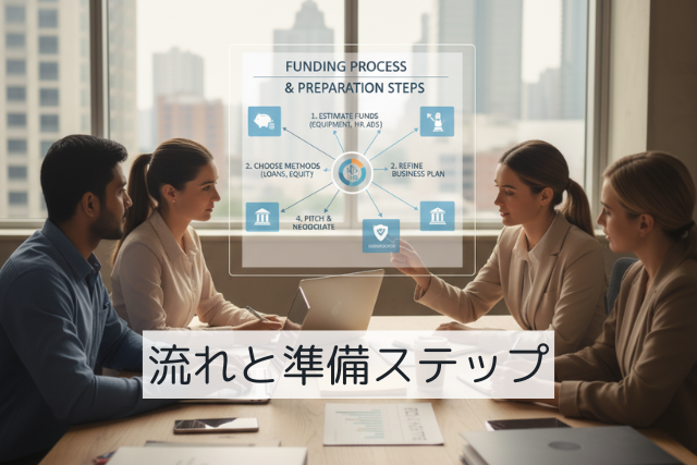 資金調達の準備と実施のプロセスを表すステップ図のイメージ